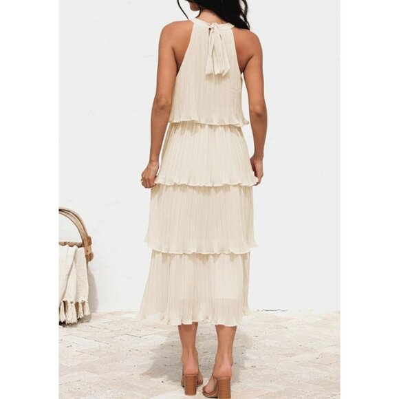 Womens Small Elegant Halter Neck Pleated Tiered Maxi Cream Dress Sleeveless - Picture 2 of 13